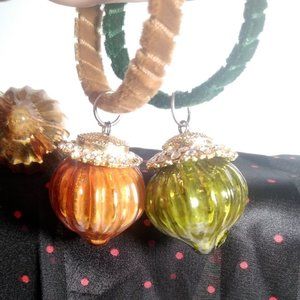 25 x Hand Blown Glass Acorns With Faux Diamonds Christmas Ornaments Green Gold